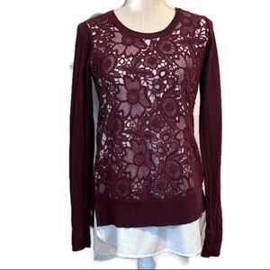 Simply Vera Vera Wang Mock-Layer Attached Hem w/ Sheer Lace Overlay Sweater; XS